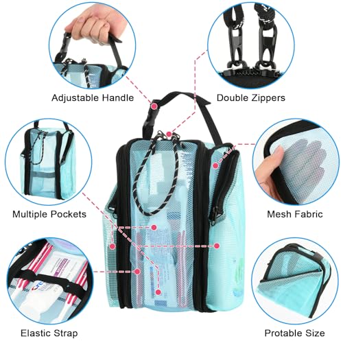 Cosmos Mesh Shower Caddy Toiletry Organizer Hanging Shower Tote Bag, Quick Dry Shower Organizer Portable Bath Bag with Durable Zippers & Side Pockets for Travel Gym Swimming Beach & Camp (Aqua Blue) - color: Aqua Blue