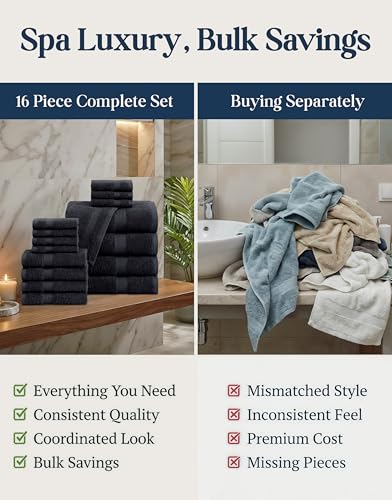 LANE LINEN 100% Cotton Towel Set for Bathroom - 16 Piece - Super Soft, Hotel Quality - 4 Bath, 8 Wash Cloths, 4 Hand Towels for Bathroom - Classic, Gentle on Skin, Ideal for Spa & Daily Use - Black - color: 04: Black