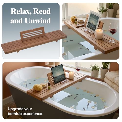 AquaTeak 30" Manada Teak Bathtub Tray Caddy - Durable, Water-Resistant Bath Tray for Tub with Foldable Book & Tablet Stand - Fits Standard Soaking Bathtubs - Bathroom Accessories for Spa