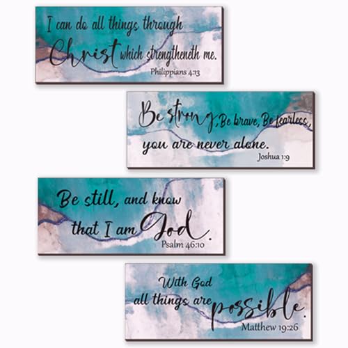 4 Pcs Teal Bathroom Decor Christian Wall Art Abstract Bible Verse Wall Decor Rustic Inspirational Wood Bathroom Accessories For Bedroom Kitchen Office(10 x 4 Inches, Teal) - color: Teal