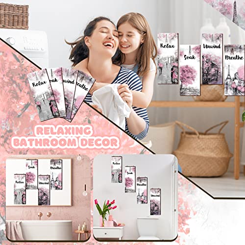 Gerrii 4 Pcs Pink and Grey Bathroom Decor Paris Decor Relax Soak Unwind Breathe Wall Art Farmhouse Bathroom Wedding Newlywed Home Spa Laundry Accessories Wood Hanging Sign(14.57 x 5.79 Inch,Rectangle) - size: 14.57 x 5.79 Inch, style: Rectangle