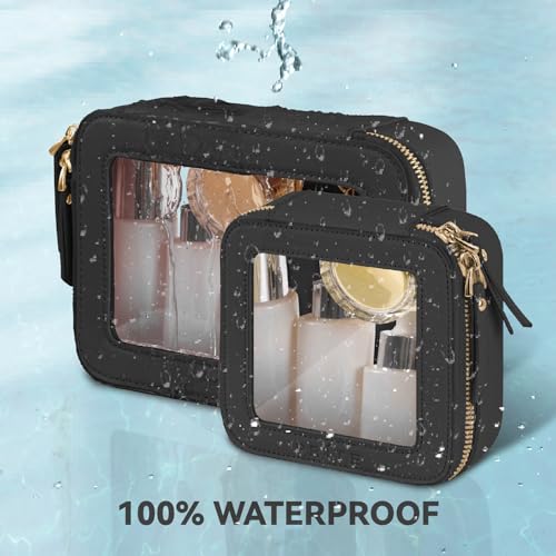 Prite Clear Makeup Bag Set for Women Portable Clear Makeup Bag Cute Waterproof Travel Cosmetic Bag with Gold Zipper for Car Essentials(Black) - color: Black, size: Set - Standard and Mini