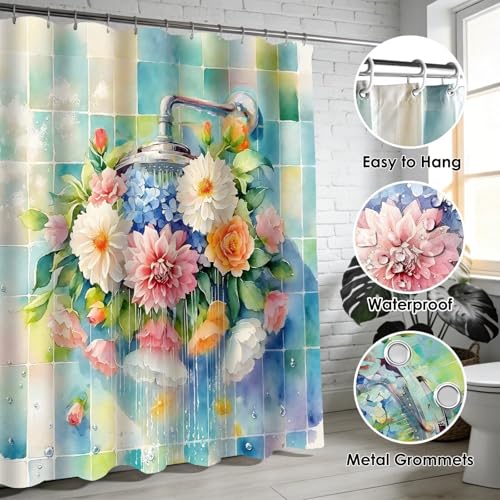 DDQQ 4Pcs Colorful Floral Shower Curtain Set Modern Showerhead Bathroom Sets with Rugs Spring Flower Shower Curtain Set Brightly Bathroom Rugs Set Bathroom Decor Toilet Lid Cover 12 Hooks - color: Colorful