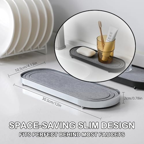 Water Absorbing Stone Tray, Fast Drying Diatomite Stone Sink Tray for Bathroom Sink & Kitchen Counter Faucet Organizer, Soap Dish Dispenser Vanity Organizer,Silver Metal Frame-12 x4 - color: Dark Grey-yk