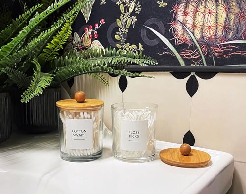 Glass Apothecary Jars with Bamboo Lids for Bathroom Organization, Q tip Holder and Cotton Ball Holder are Great for Farmhouse Decor, Rustic Bathroom Decor-2 Pack