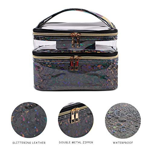 Double-layer Makeup Bag Cosmetic Bag Travel Makeup Cases Organizer Toiletry Bag Gift for Women, Portable Waterproof (Black) - color: 10-Black