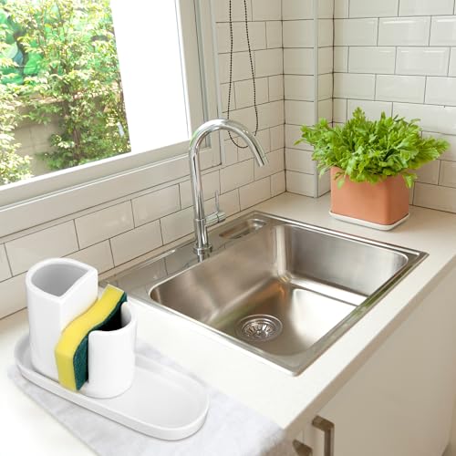 Geelin 3 in 1 Ceramic Kitchen Sink Caddy Dish Sponge Holder Scrub Brush Holder and Soap Tray for Kitchen Organizer White Rustic Farmhouse Supplies(White) - color: white