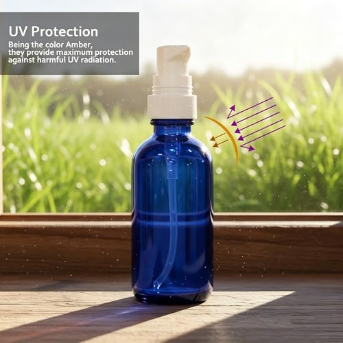 12Pack 2oz Blue Glass Pump Bottles, 60ml with White Pump, Empty Refillable Travel Small Container For Lotion Cream Essentil Oil Shampoo (2oz Blue) - size: 2oz Blue