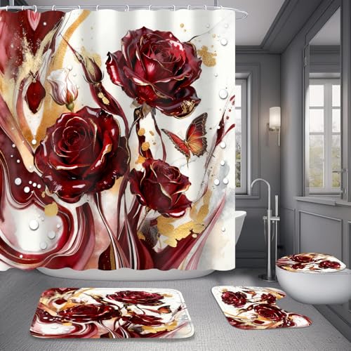 Red Marble Rose Shower Curtain Set,Luxury Modern Abstract Floral Bathroom Decor with Non-Slip Rugs & Toilet Lid Cover, Waterproof Fabric with 12 Hooks,Elegant Glamorous Bathroom Accessories for Home - color: Red Rose Decoration