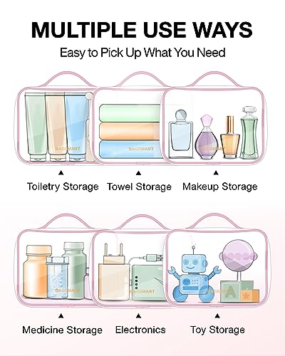 BAGSMART Clear Toiletry Bag, TSA Approved Travel Toiletry Bag Carry On Travel Accessories Bag Airport Airline Quart Size Bags water-resistant Makeup Bag for Women - color: Clear Pink-with handle+180° open, size: 3 Pack, Medium