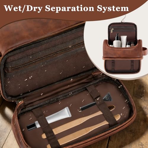 Toiletry Bag for Men Travel Essentials Shaving Dopp Kit with Hanging Hook, Waterproof Toiletry Bag with Dry Wet Separation, PU Leather Travel Organizer for Camping Business, Reddish Brown - color: Reddish Brown, style: Solid