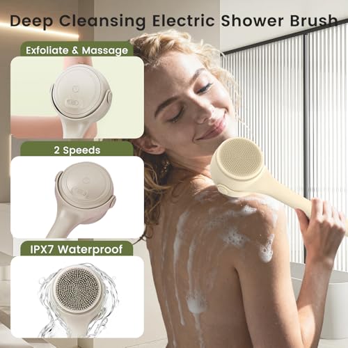 Electric Back Scrubber for Shower - Waterproof Rechargeable Exfoliating Brush for Deep Cleansing, Soft Bristles for Sensitive Skin, Dry/Wet Use for Back, Arms & Legs - color: Apricot