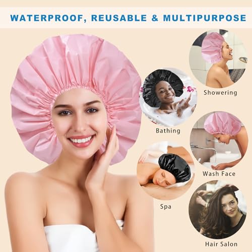 Extra Large Shower Cap 2 PCS Waterproof Shower Caps for Women, Super Jumbo Shower Cap, Reusable Super Large Bath Caps Hair Cap for Long Thick Curly Hair, Locs, Twist Braids - Black + Pink - color: Black + Pink