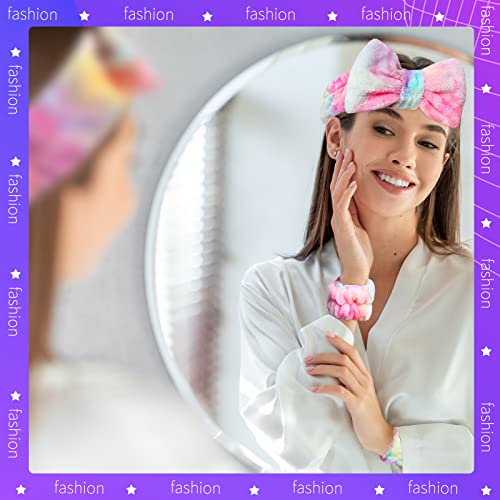 WSYUB Spa Headband and Wrist Bands, Makeup Headband and Wrist Towels for Washing Face, Fuzzy Bow Headbands, Soft Facial Head Bands, Shower Skincare Hair Sleepover Party Supplies - color: Pink