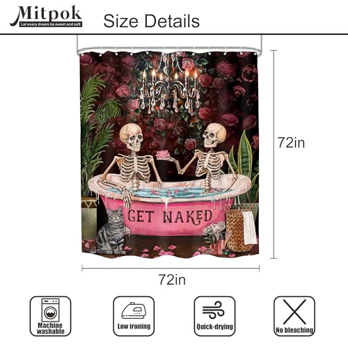 Gothic Skull Skeleton Shower Curtain Black Vintage Spooky Funny Rose Retro Floral Flower Plant Bathroom Decor Unique Mystical Woman Aesthetic 72Wx72H Bath Curtain Fabric Polyester 12 Pack Hooks - color: A 03skeleton, size: 72"W x 72"L (Pack of 1)