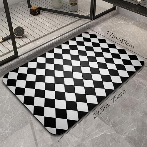 Black White Checkered Bathroom Mat, Non Slip Rubber Backed Fast Dry Bath Rug, Thin Bath Mat for Bathroom Kitchen 17"x30" - color: Black White Checkered