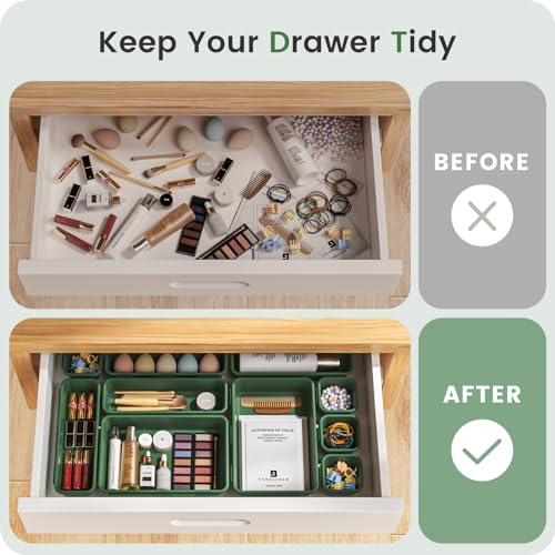 【Military Grade】A-LuGei Drawer Organizer,【𝟱𝗦𝗶𝘇𝗲】Makeup organizer,【Holds 177 Items】Bathroom Organizers and Storage,Organization and Storage,Desk Drawer Organizer for Vanity【Green】 - color: Green