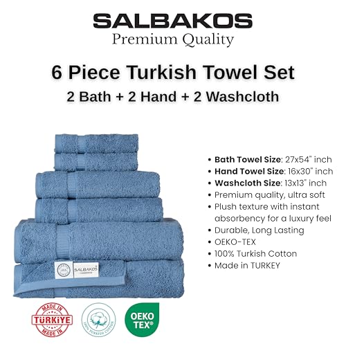 SALBAKOS 100% Turkish Cotton 6-Piece Towel Set | Premium Quality Hotel & Spa Collection | Ultra Soft, Super Absorbent 2 Washcloth, 2 Hand, 2 Bath Towels Sets | Made in Turkey (Blue, 6 Piece Towel Set) - color: Blue, size: 6 Piece Towel Set
