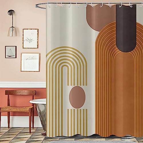 Mid Century Modern Extra Long Shower Curtain, Boho Brown Arch Geometric Machine Washable Waterproof for Bathroom Bathtub with Hooks 72Wx84H - color: Brown and Beige, size: 72"W x 84"L (Pack of 1)