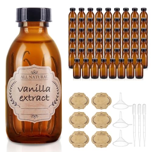 54 Pack 4 oz Amber Boston Glass Bottle with Cap, Empty Glass Bottles for Homemade Vanilla Extract, Essential Oils, Juice, Potion, Syrup, Liquids, Christmas - color: Amber
