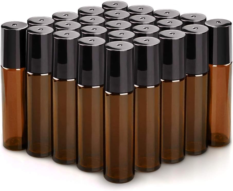 sungwoo 25 Pack Essential Oil Bottles, 10ml Amber Glass Bottles with Stainless Steel Roller Balls and Caps for Travel, Perfume and Lip Gloss - color: Amber, style: 25 Pack