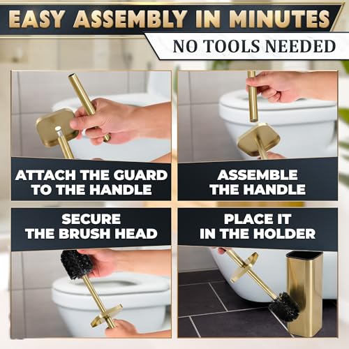 Gold Toilet Brush with Square Holder - Toilet Brush and Holder Set Gold, Stainless Steel Handle with Splash Shield, Replaceable Head and Removable Inner Cup - Freestanding Bathroom Toilet Cleaning Set - color: Gold Rounded Square