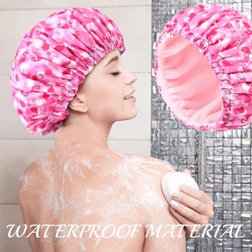 Shower Cap for Women Terry Lined Bath Cap Large Reusable Waterproof Elastic Band Pink Flamingo Shower Caps for Long Thick Hair Soft Bath Shower Hair Caps - color: Hot Pink Flamingo