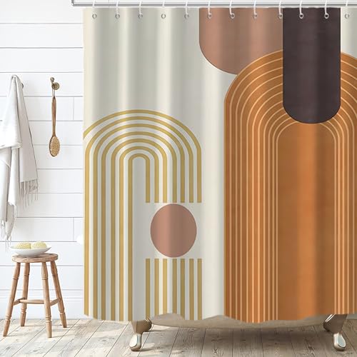 Mid Century Modern Extra Long Shower Curtain, Boho Brown Arch Geometric Machine Washable Waterproof for Bathroom Bathtub with Hooks 72Wx84H - color: Brown and Beige, size: 72"W x 84"L (Pack of 1)