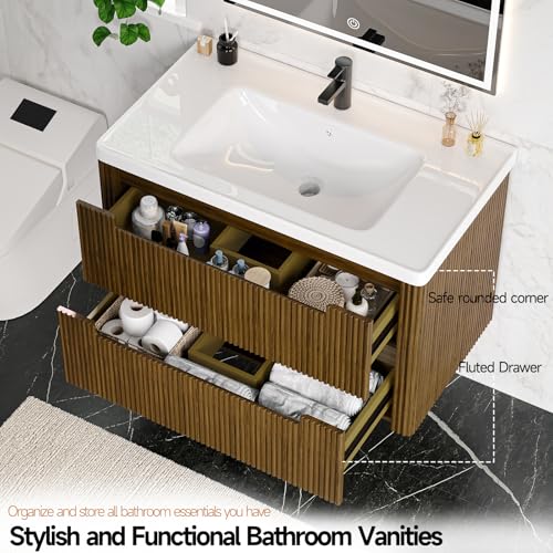 ONBRILL Modern Bathroom Vanity with Sink Combo, Curved Floating Bath Vanity with 2 Drawer, Wall Mount Bathroom Vanities with Integrated Ceramic Sink for Small Space, Apartment (Walnut, 24") - color: Walnut, size: 24"