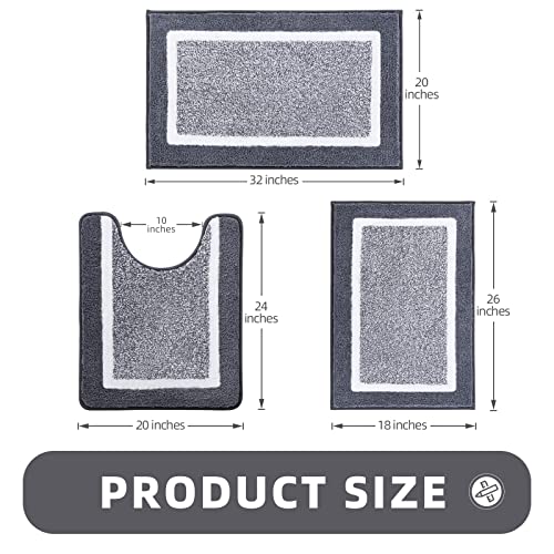 Bathroom Rugs Sets 3 Piece with U-Shaped Contour Toilet Mat Shower Rugs Absorbent Microfiber Plush Bath Mats Non Slip Bath Rugs Shaggy Floor Mats Machine Washable - color: Dark Grey
