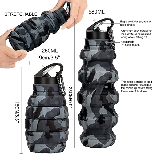 QiCheng&LYS Collapsible Water Bottle Sports Bottle 19.5OZ/580ml Travel Water Bottle for Men Women kids. BPA Free Food Grade Silicone. (Dark gray camouflage cup) - color: ark gray camouflage cup