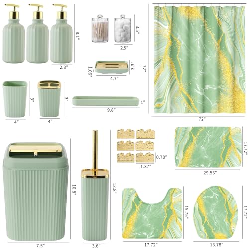 21PCS Bathroom Sets with Shower Curtain and Rugs Bathroom Accessories Set Dark Green Bathroom Set Complete with Trash Can, Toilet Brush, Qtip Holder & 3PCS Soap Dispenser - size: Bath Set+Marble Shower Curtain+Rugs, style: Dark Green