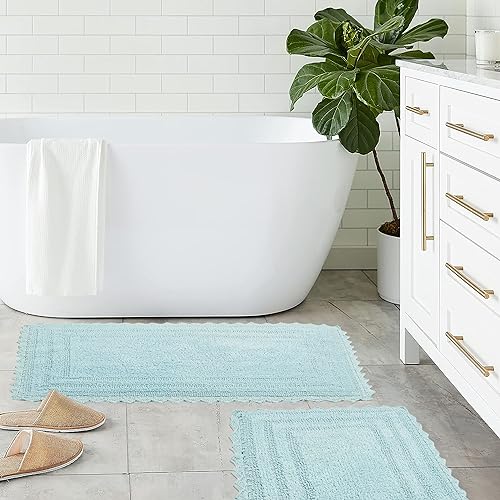 TreeWool 2-Pack Gorjeeus Collection Soft Reversible Bathroom Rug Cotton Bath Mat Set with Crochet Border - Rectangle (19" x 26"; Sky Blue) - color: Sky Blue