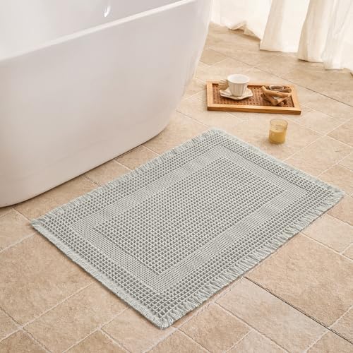 Waffle Bath Mat Non Slip, Boho Bathroom Rug, Super Absorbent Quick Dry Bathroom Mat, Soft Farmhouse Bath Rug with Tassels, Small Washable Shower Mats for Floor 20"x32", Square Light Grey - color: Square Light Grey, size: 1'8" x 2'8" (Rectangular)