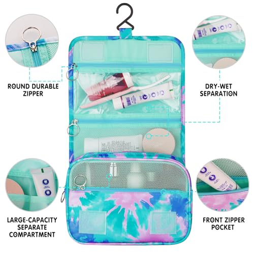 Tie Dye Hanging Toiletry Bag for Girls, Travel Toiletry Bag for Teen Girls Cosmetic Makeup Waterproof Wash Bag Traveling Toiletries, Green Teal - color: TIE-DYE-Teal