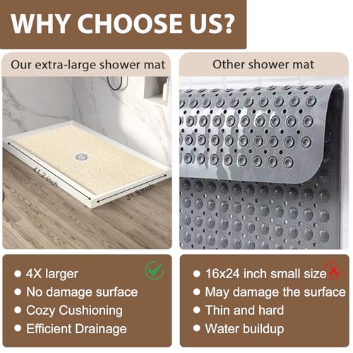 Shower Mat Non Slip: 47.2 x 31.5 Inch Extra Large Shower Mats for Inside Shower with Drain Hole - Soft PVC Loofah Anti Slip Shower Stall Mat for Walk-in Shower and Bathroom, Quick Drying - color: Khaki, size: 47.2" x 31.5" (Rectangular)