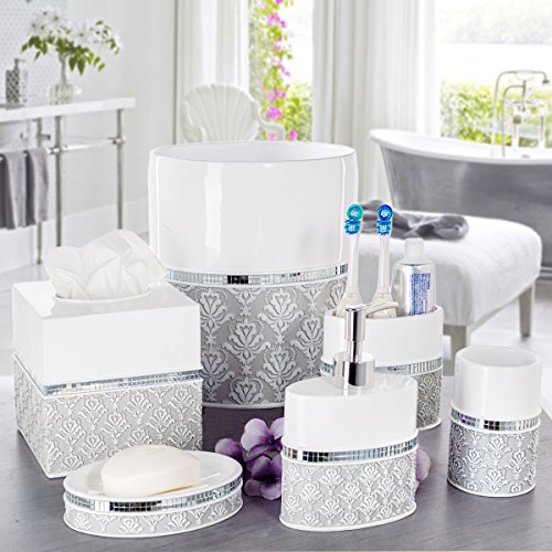 Mirror Damask White & Gray Square Resin Tissue Box Cover with Bottom Slider - color: Square Tissue Box Cover