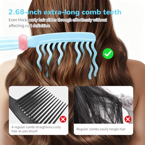 Wide Tooth Comb for Curls, Detangling Comb with Double Row Wavy Tooth for Curly/Wavy/Thick/Long/Wet & Dry Hair, Detangler Hair Brush Large Tooth Shower Hair Comb for Women Girl Men - color: Blue
