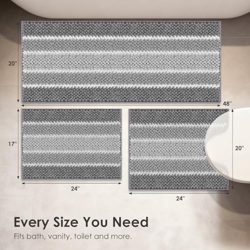 ArtyCozy Chenille Bathroom Rugs 3 Pieces, Extra Thick Absorbent Non Slip Bath Mats with U-Shaped Toilet Rug, Soft Plush Bath Floor Mat Machine Washable, Grey, 17"x24" Plus 20"x48" Plus 20"x24" - color: Grey, size: 17" × 24" + 20" × 48" + 20" × 24"
