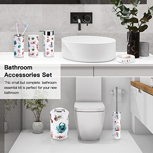 OTOSTAR 6 Piece Bathroom Accessories Set Plastic Bathroom Set Includes Toothbrush Holder Soap Dispenser Tumbler Soap Dish Toilet Brush Holder Trash Can Bath Accessories for Decor Countertop (Seahorse) - style: C-Seahorse