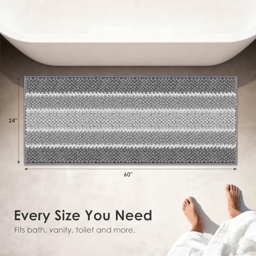 ArtyCozy Bathroom Rug, Extra Thick Absorbent Chenille Striped Pattern Shaggy Bath Mat Non Slip, Soft Plush Bath Floor Mats, Machine Washable, Grey, 24"x60" - color: Grey, size: 24" × 60"
