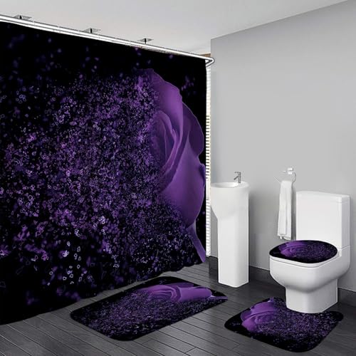 Yddsky 4 Pcs Purple Rose Shower Curtain Sets with Rugs Black Bathroom Sets with Shower Curtain and Rugs Modern Bathroom Curtains Shower Set with Toilet Lid Cover for Women Bathroom Decor Accessories - color: Rose Decoration 05