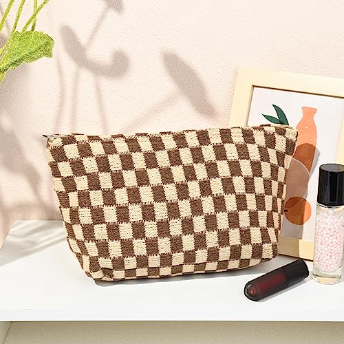 SOIDRAM 2 Pieces Makeup Bag Large Checkered Cosmetic Bag Capacity Canvas Travel Toiletry Bag Organizer Cute Makeup Brushes Aesthetic Accessories Storage Bag for Women, Brown checkered - color: Brown checkered