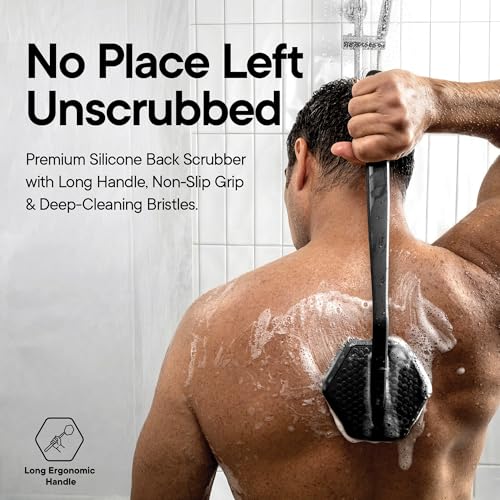 TOOLETRIES Silicone Back Scrubber for Shower, Bath Brush - Charcoal | Long ergonomic handle and non-slip grip make exfoliating hard-to-reach areas simple and comfortable. - color: Charcoal