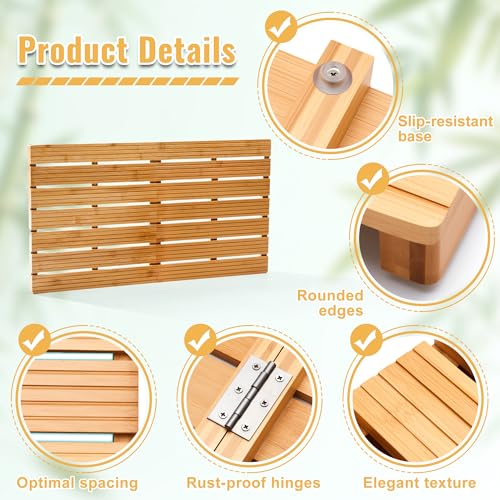 Foldable Bamboo Bath Mat for Shower, 31.49" x 17.71" in Non-Slip Wood Bathroom Rug, Quick-Dry Waterproof Carpet for Indoor Outdoor Use by Sink, Tub, Pool - size: 31.5" x 17.7" (Rectangular)