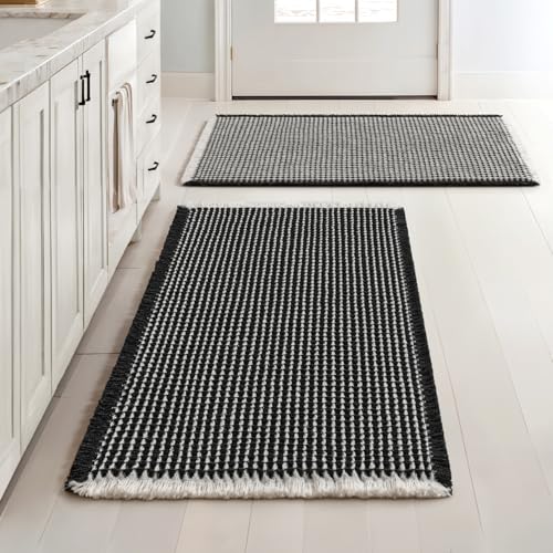 MIULEE Set of 2 Waffle Bathroom Rugs, Boho Bath Rugs Non Slip Washable, Super Absorbent Bath Mats, Ultra Soft Rubber Backed Shower Mats for Bathroom Floor, Tub and Shower, Black & Cream, 18x30 Inch - color: Black & Cream, size: 18''x30''