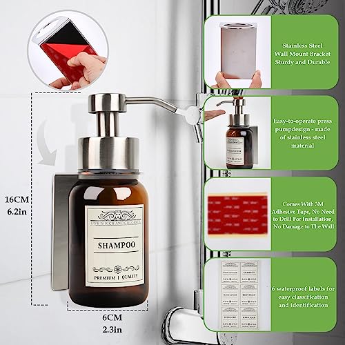 Wall Mount Soap & Shampoo Dispenser, 8.5oz Silver Pump Bottle | silver & brown design with leakproof pump and waterproof labels; rust-resistant, easy to refill for modern hotels. - color: Silver Set of 1