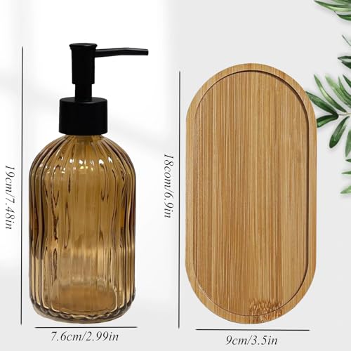 Glass Hand and Dish Soap Dispenser Set of 2 with Plastic Pumps, Bamboo Tray, 13.5oz Brown Bathroom Soap Dispenser with Vertical Stripe for Hand Wash & Dish Wash, Ideal for Bathroom Kitchen Countertop - color: Brown