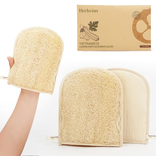 Premium Vietnamese Natural Loofah Gloves – Exfoliating Body Scrubber Mitts with Thumb Holes, Easy Grip Design, for Men & Women, Shower & Bath (Pack of 2)