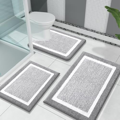 OLANLY Bathroom Rugs Sets 3 Piece, Soft Absorbent Microfiber Bath Mats and U-Shaped Contour Toilet Rug, Home Decor Accessories, Non-Slip, Bath Mat Set for Bathroom (30"x20"+24"x16"+24"x20", Grey) - color: Grey and White, size: 30" X 20" + 24" X 16" + U Sh
